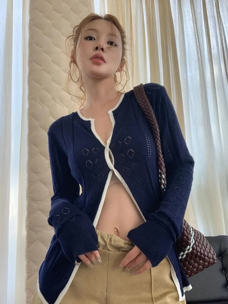 Hollow Out Knit Sweater Women Vintage Streetwear Hottie Long Sleeve Pullovers Patchwork Harajuku Spring Autumn Loose Jumpers New