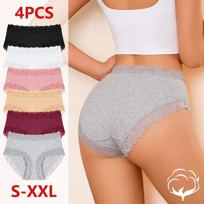 4-teiliges Set Baumwoll-Unterwäsche mit Streifenmuster in Übergröße, Sexy Spitzen-Blumen-Slips für Damen, Mittlere Taillenhöhe, Dehnbare Höschen, Atmungsaktive Dessous S-XXL