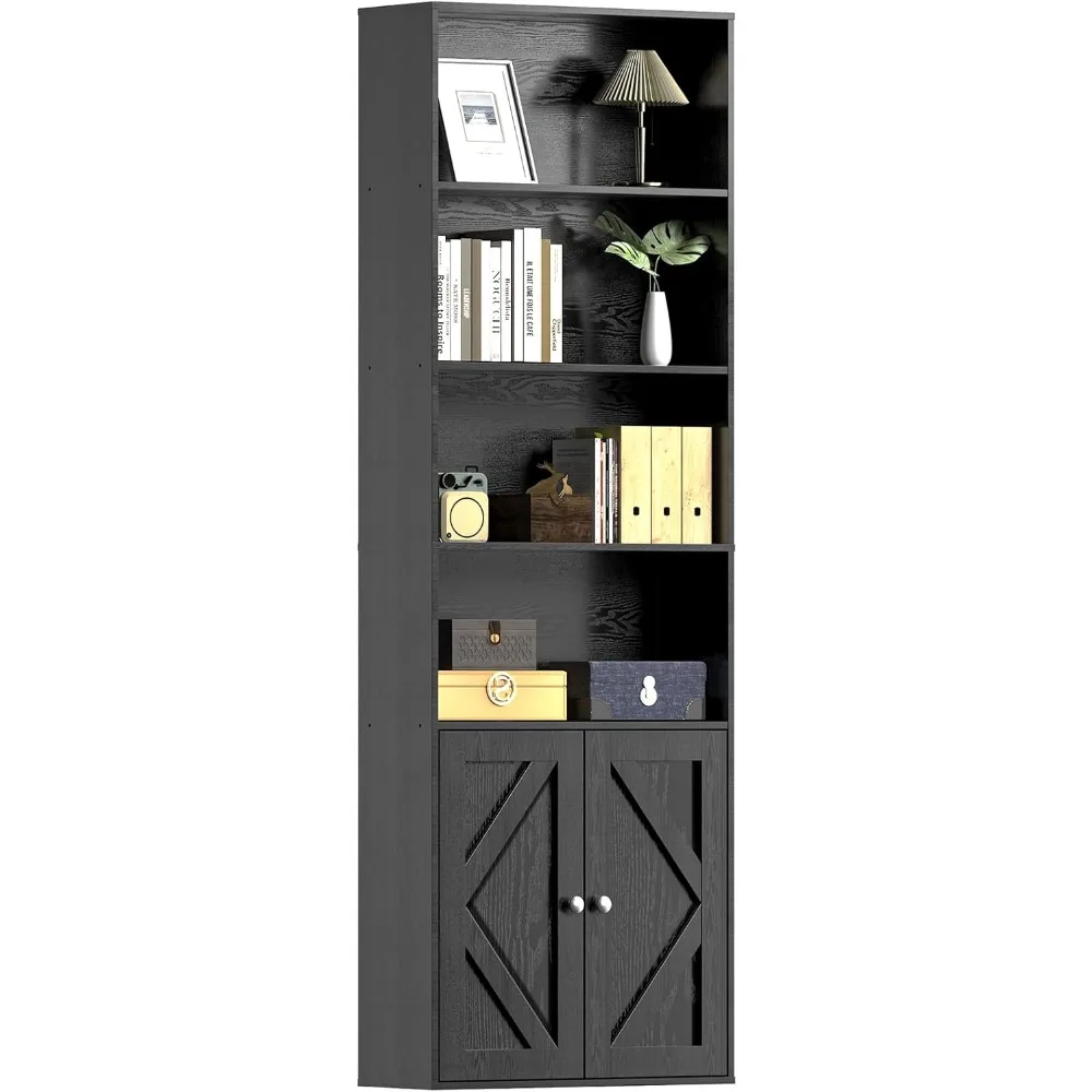 أرفف كتب خشبية وظيفية وخزائن كتب مع أبواب وخزانة، أرفف تخزين لعرض 6 أرفف على الأرض بطول 70.86 بوصة #1