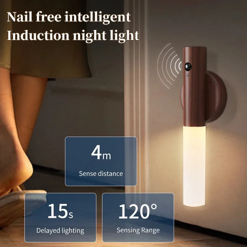 Luz noturna com sensor de movimento, luz noturna recarregável, luz de parede magnética, luz de parede de madeira para quarto, escadas
