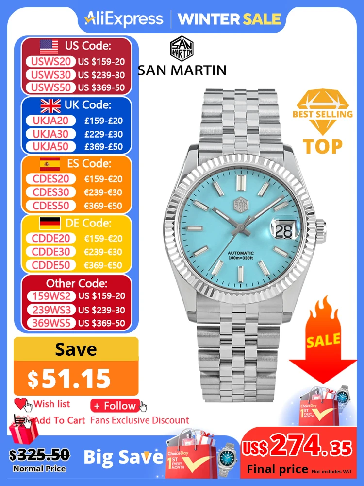 San Martin 36.5mm Men Dress Watch Top Brand Luxury Automatic Mechanical Fashion Couples Watches Sapphire Waterproof 100m BGW9