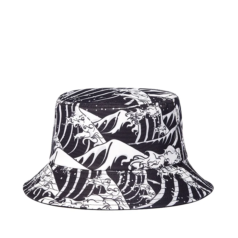 Fashion Men Women Summer Sea Wave Pattern Bucket Cap Unisex Wide Brim Beach Travel Sunscreen Fishing Fisherman Sun Hat A38