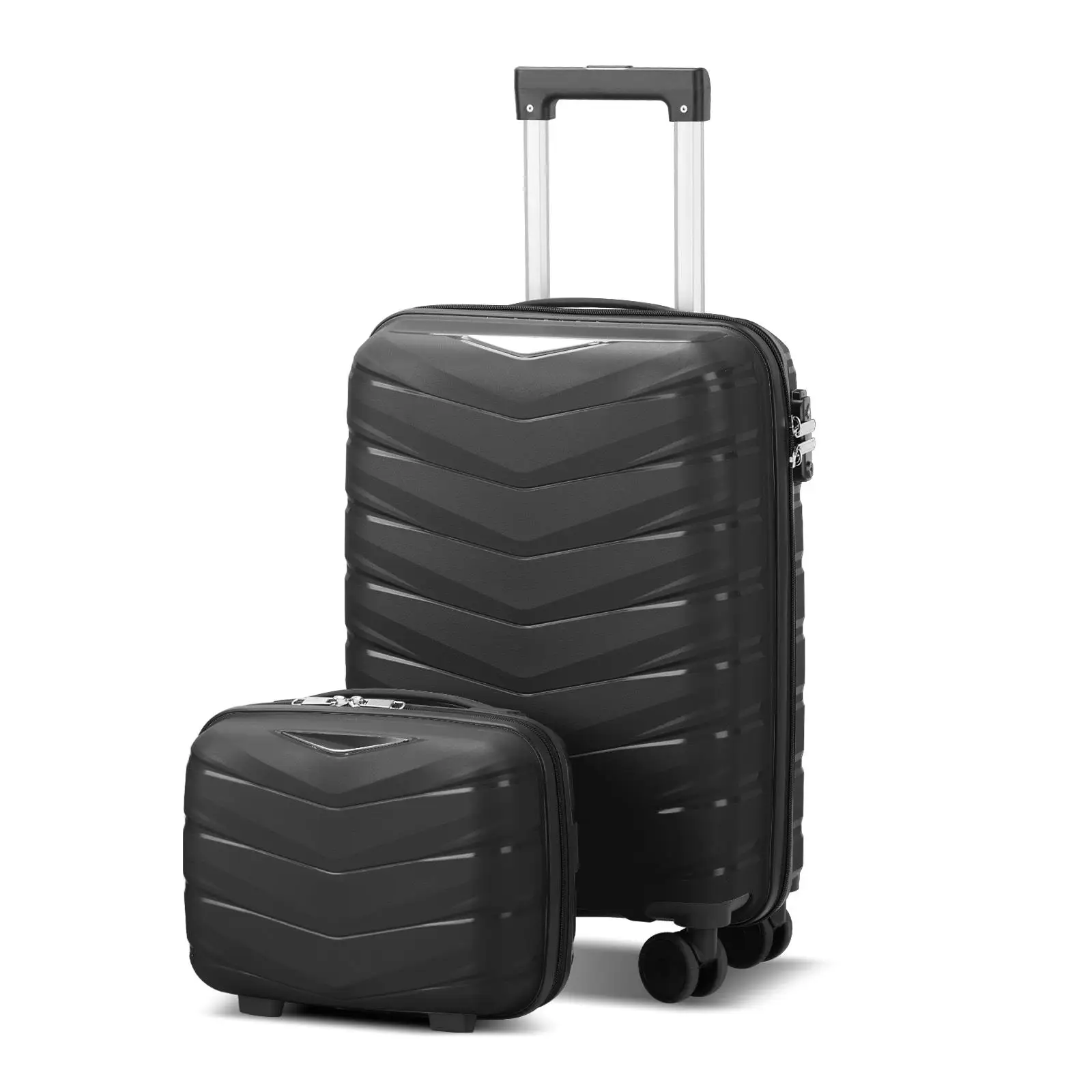 V-Striped 2-Piece PP Trolley Suitcase Set - 14in & 20in Classic Black Grained Pattern Handbag