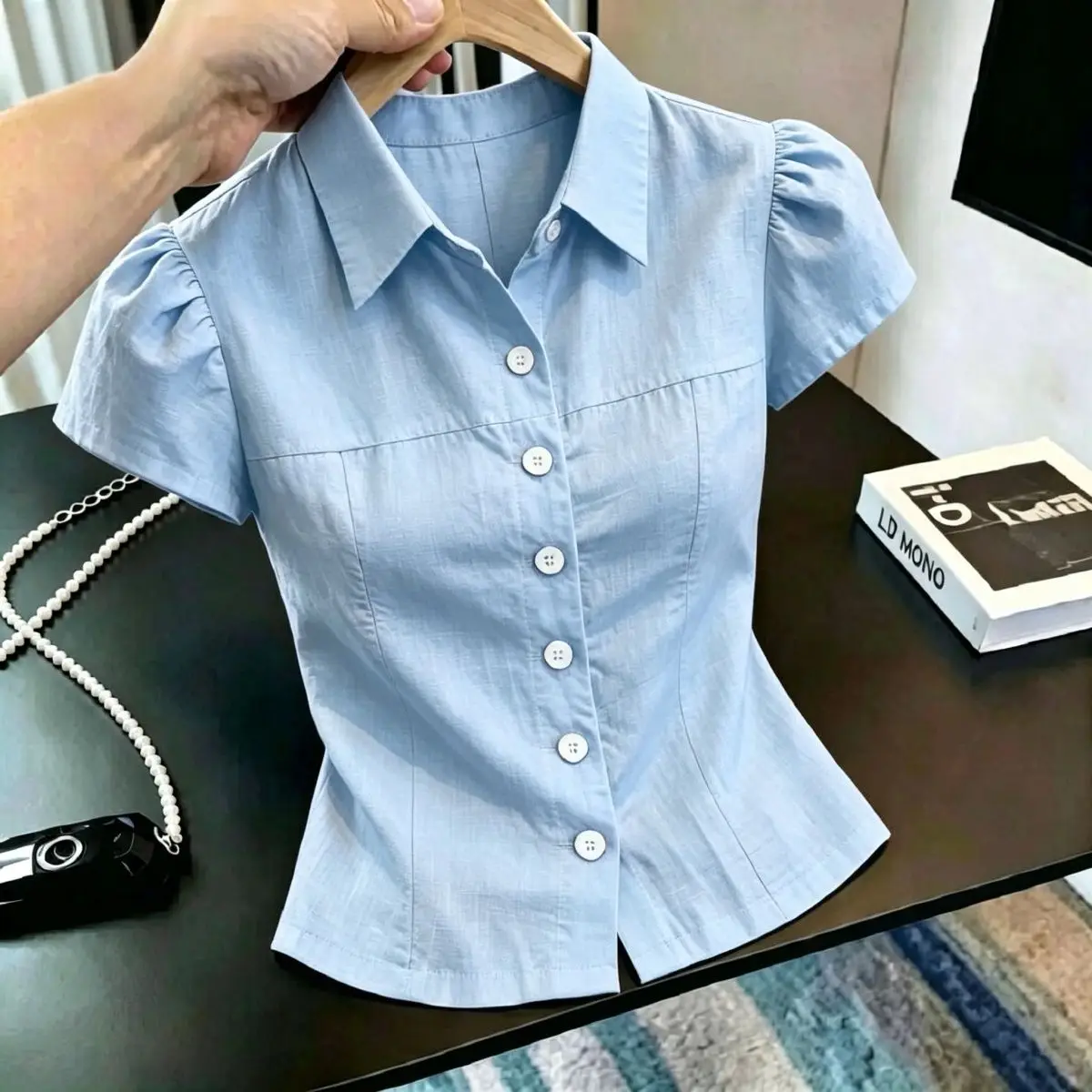 

Retro Korean Style Women's Neck Short Sleeve Shirt Slim Fit Design Summer Fashionable Top Quality High End Short Length