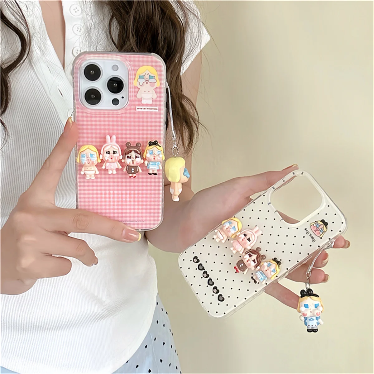 

Korean Pink Plaid Pattern Cute Phone Case For iPhone 16 Pro 14 15 Pro Max Cover with Pendant Kawaii Protective Cases