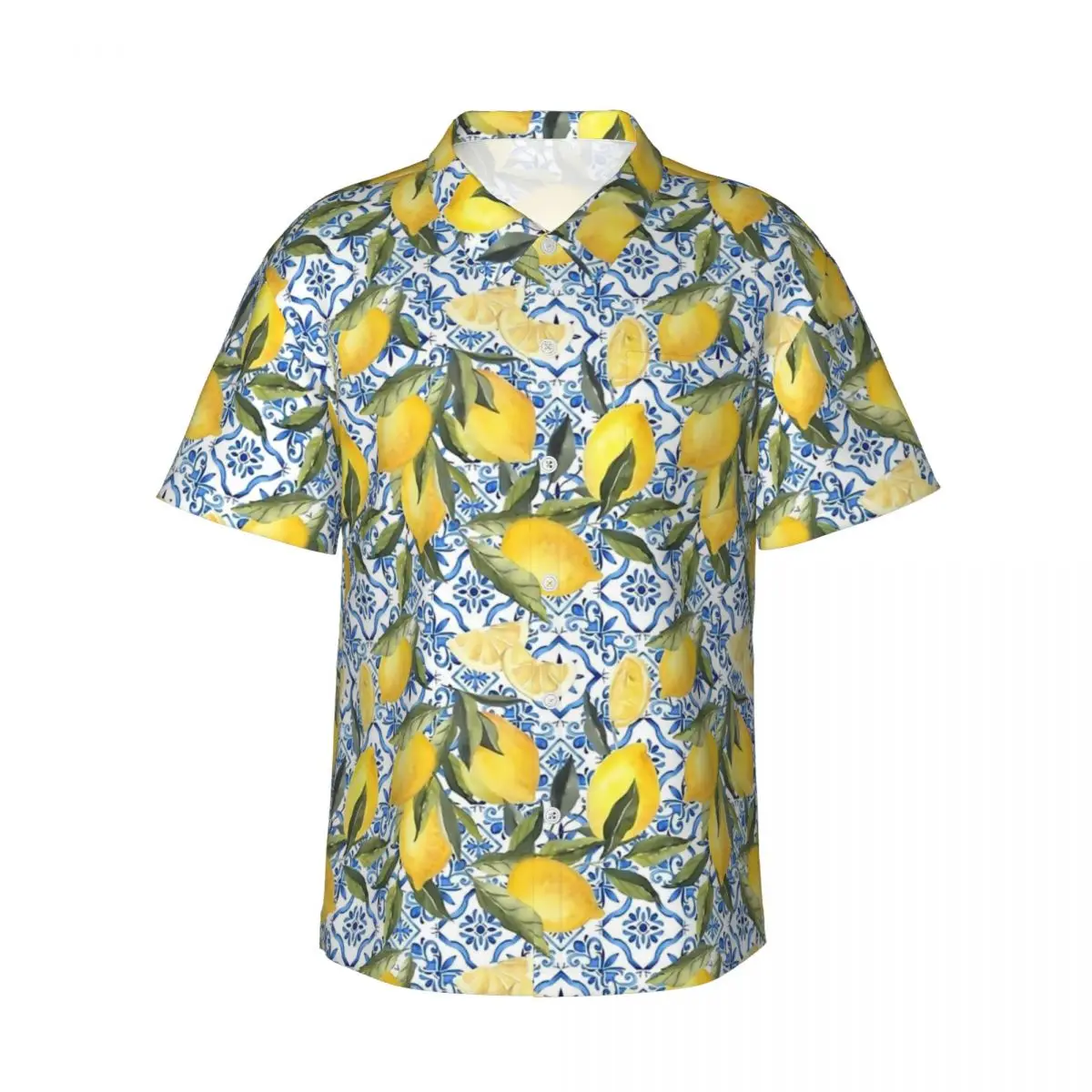 Vintage Lemon Hawaiian Shirt Men Vacation Blue and White Tiles Casual Shirts Short Sleeve Funny Design Vintage Oversized Blouses