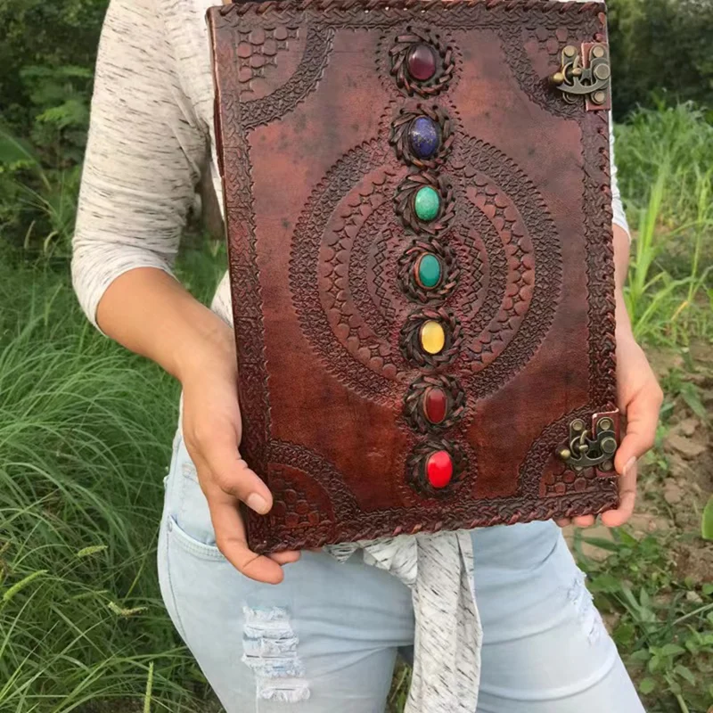 Book Of Shadows Leather Journal Book Seven Chakra Medieval Stone Embossed Handmade Notebook Office Diary College Book