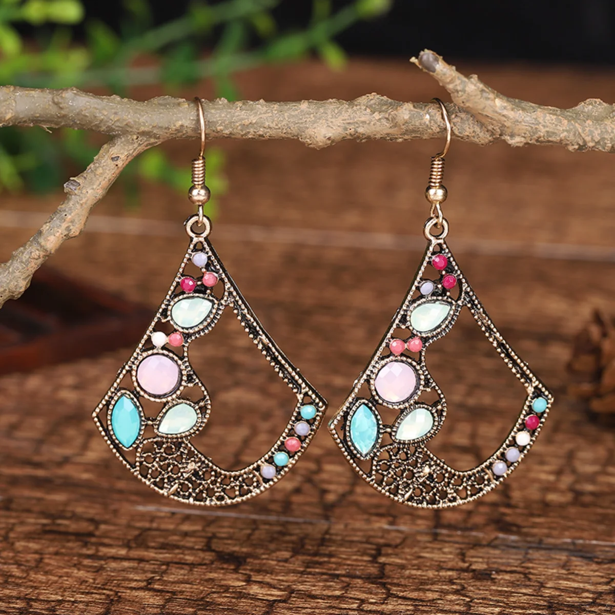 S925Retro Ethnic Wind Fan Earrings Hollowed Out and Diamond-encrusted Colorful Earrings Women's Jewelry 1$Lowest Price Wholesale