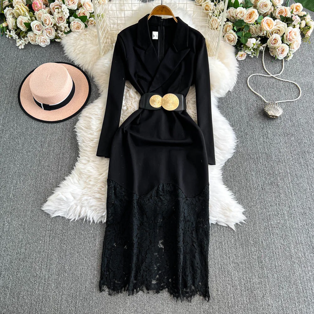 

2025 Women's Notched Collar Black Dresses Elegant Temperament Lace Patchwork Long Sleeve Dress Chic Split Mid-Length Vestidos