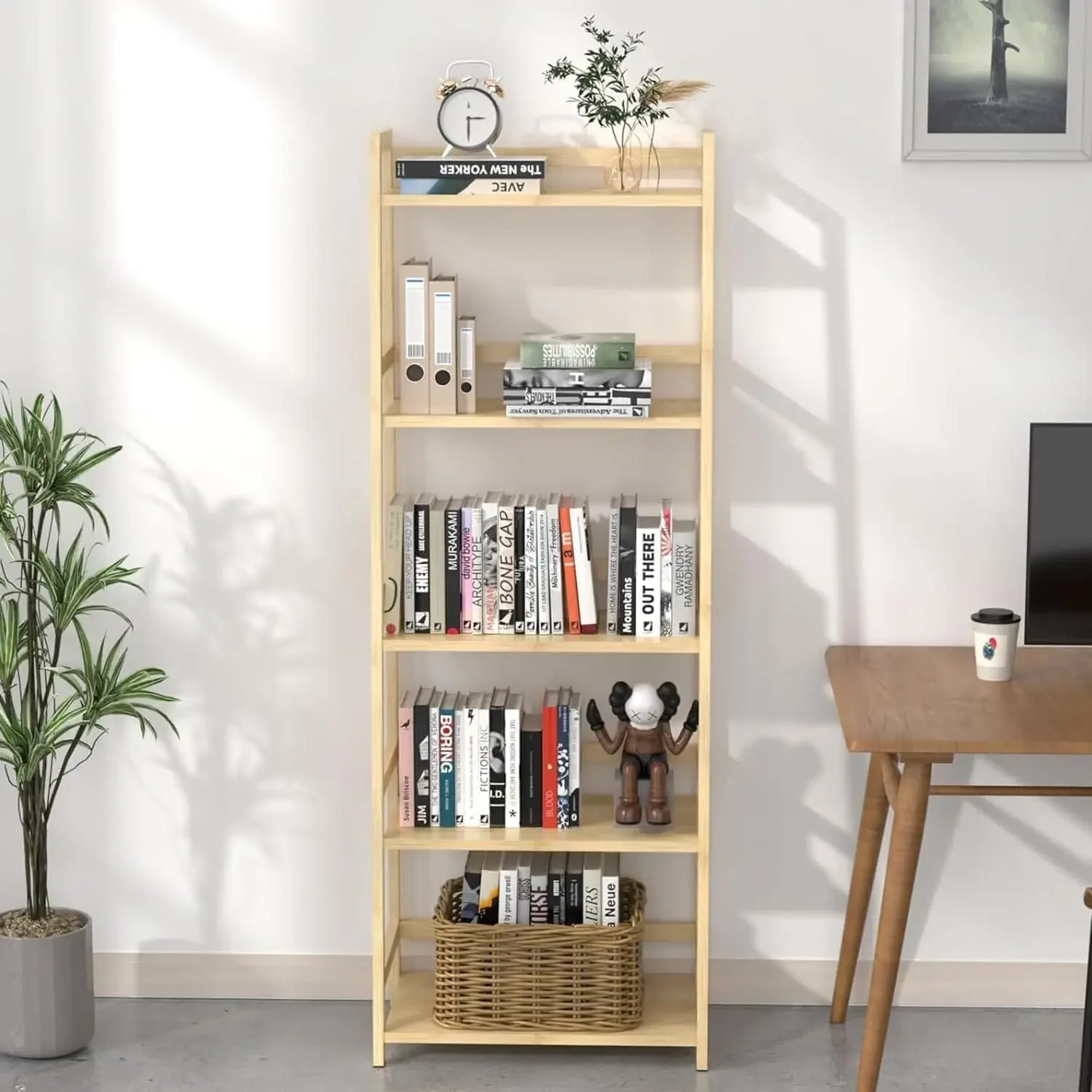 Bookshelf 5 Tiers, Bamboo Bookcase Book Shelf Storage Organizer Modern Display Shelving Unit Tall Book Shelf Corner Storage Rack