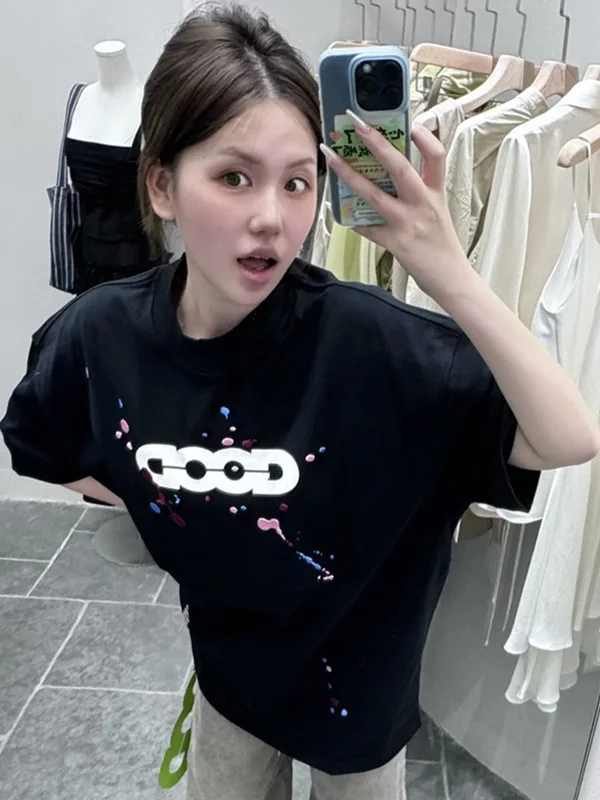 

Повседневная летняя футболка Goodbrand с вышивкой и принтом в виде букв, мужская хлопковая футболка с круглым вырезом для пар