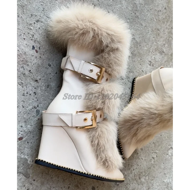 Winter Furry Wedges Leather Short Boots 2025 Women's Warm Buckled High Heels Pointed Toe Booties Big Size Luxury Designer Shoes