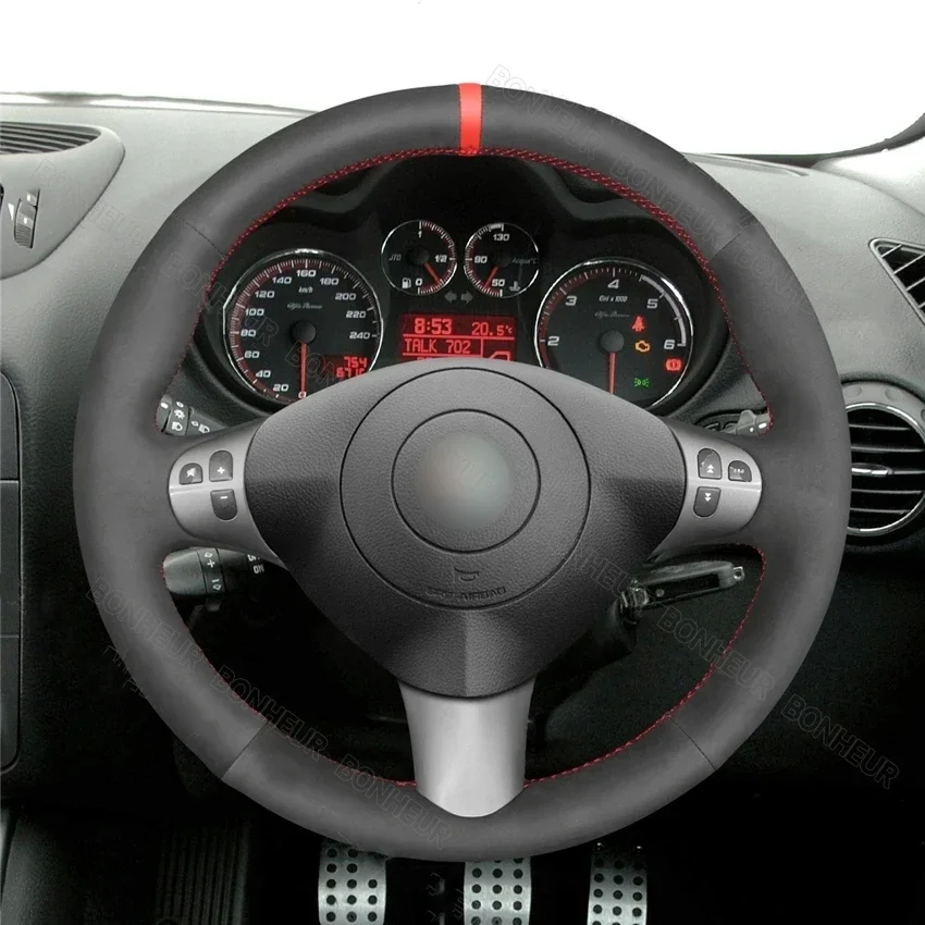 Red Maker Black Suede Car Steering Wheel Cover for Alfa Romeo 147 2000 2001 2002 2003-2010 GT 2004 2005 2006 2007 2008 2009 2010