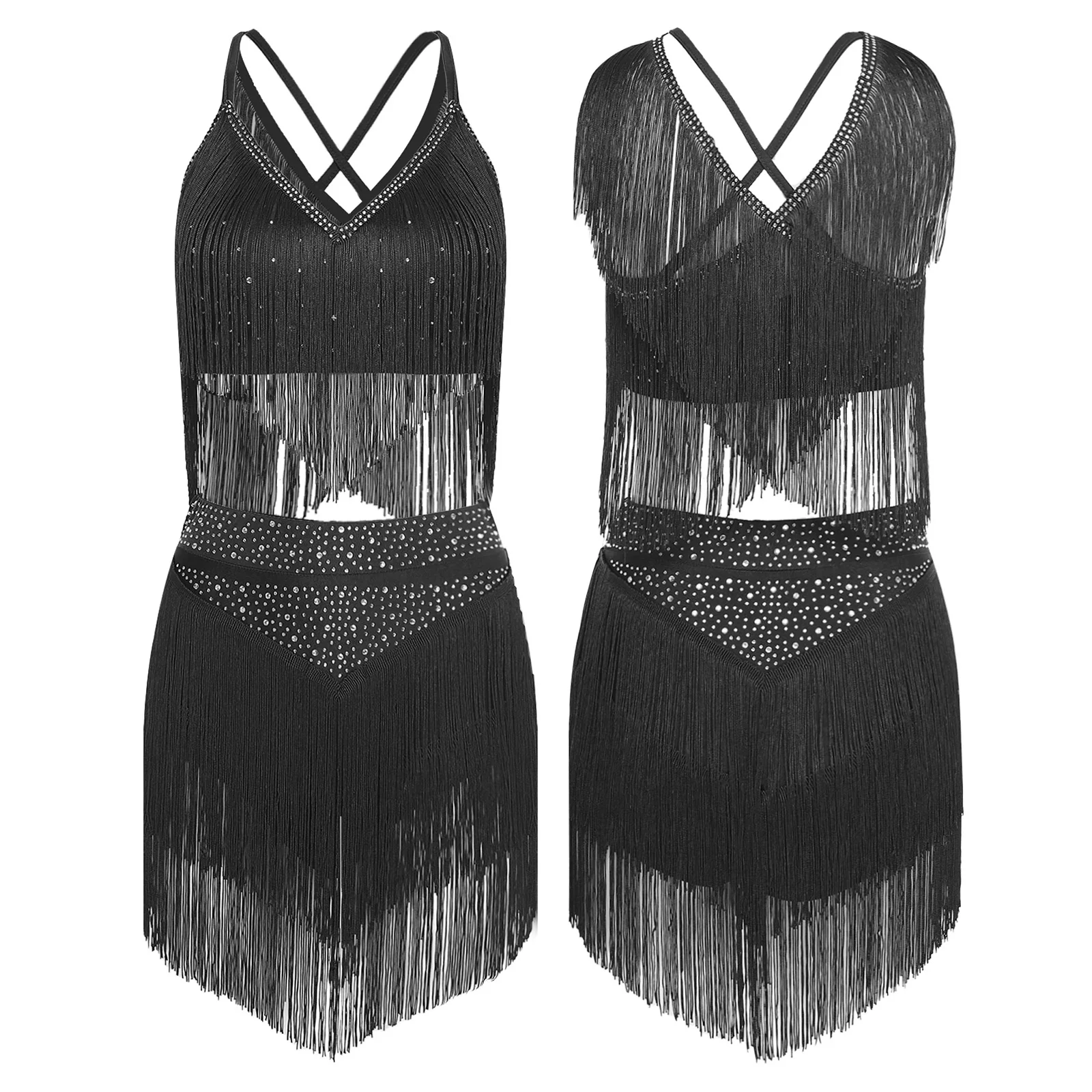 

Women Latin Dance Performance Costume Sleeveless Fringe Crop Top with Tiered Tassels Skirt Set Samba Salsa Chacha Tango Dresses
