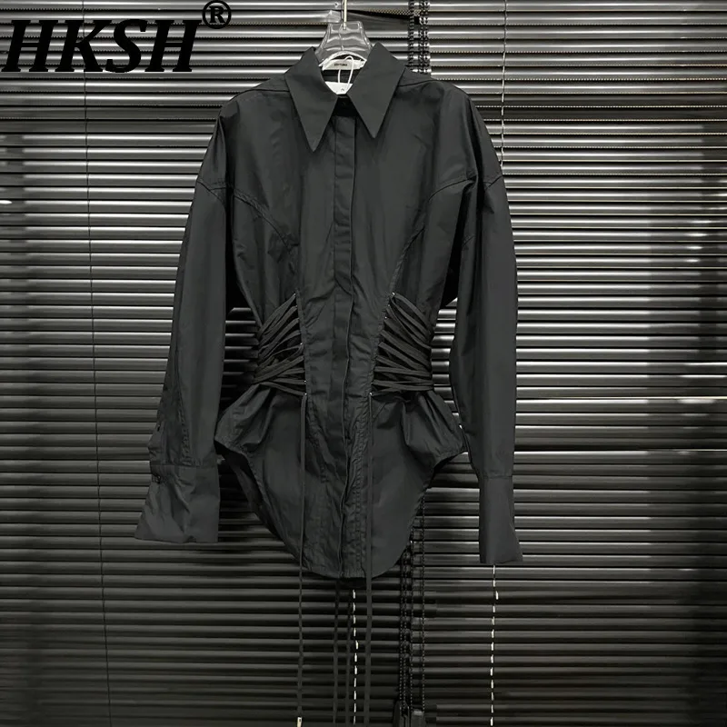 

HKSH Autumn New Women Shirt Turn-down Collar Fashion Bandage Design Waist Cincihing Slimming Long Sleeve Elegant Ins Top HK12053