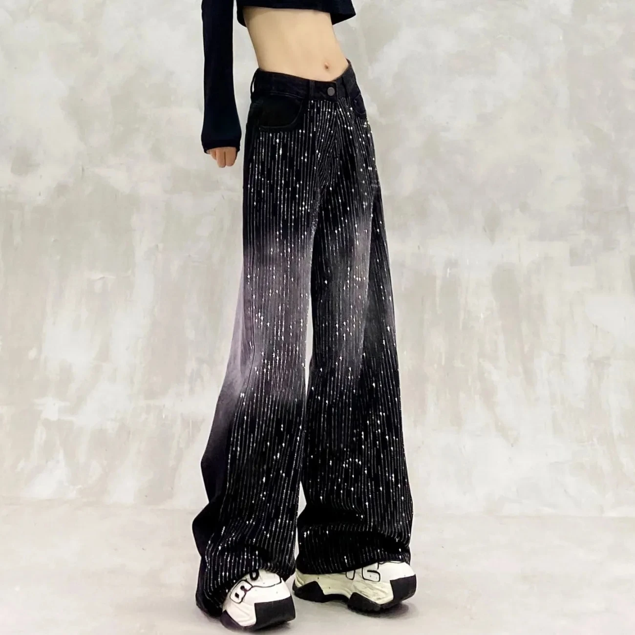 Herbst Winter Neue Retro Casual Farbverlauf blockiert Glänzende Heißer Präge design Jeans Hohe taille Gerade bein Breite bein hosen