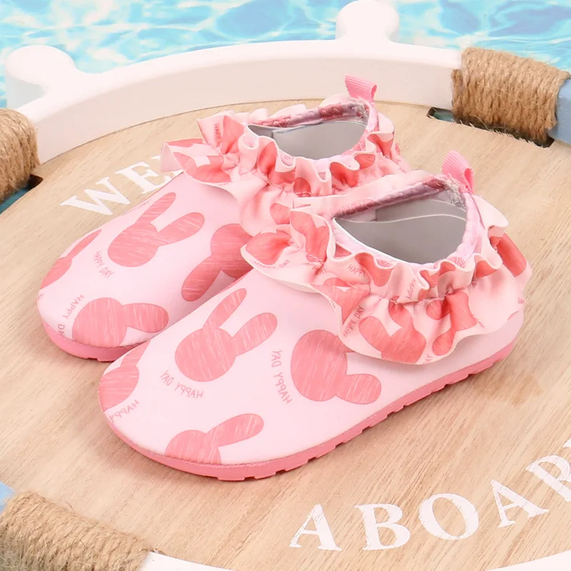 Summer Ruffles Rabbit Plaid Girls Beach Aqua Shoes Flower Barefoot Swimming Shoes For Kids Non Slip Indoor Children Slippers