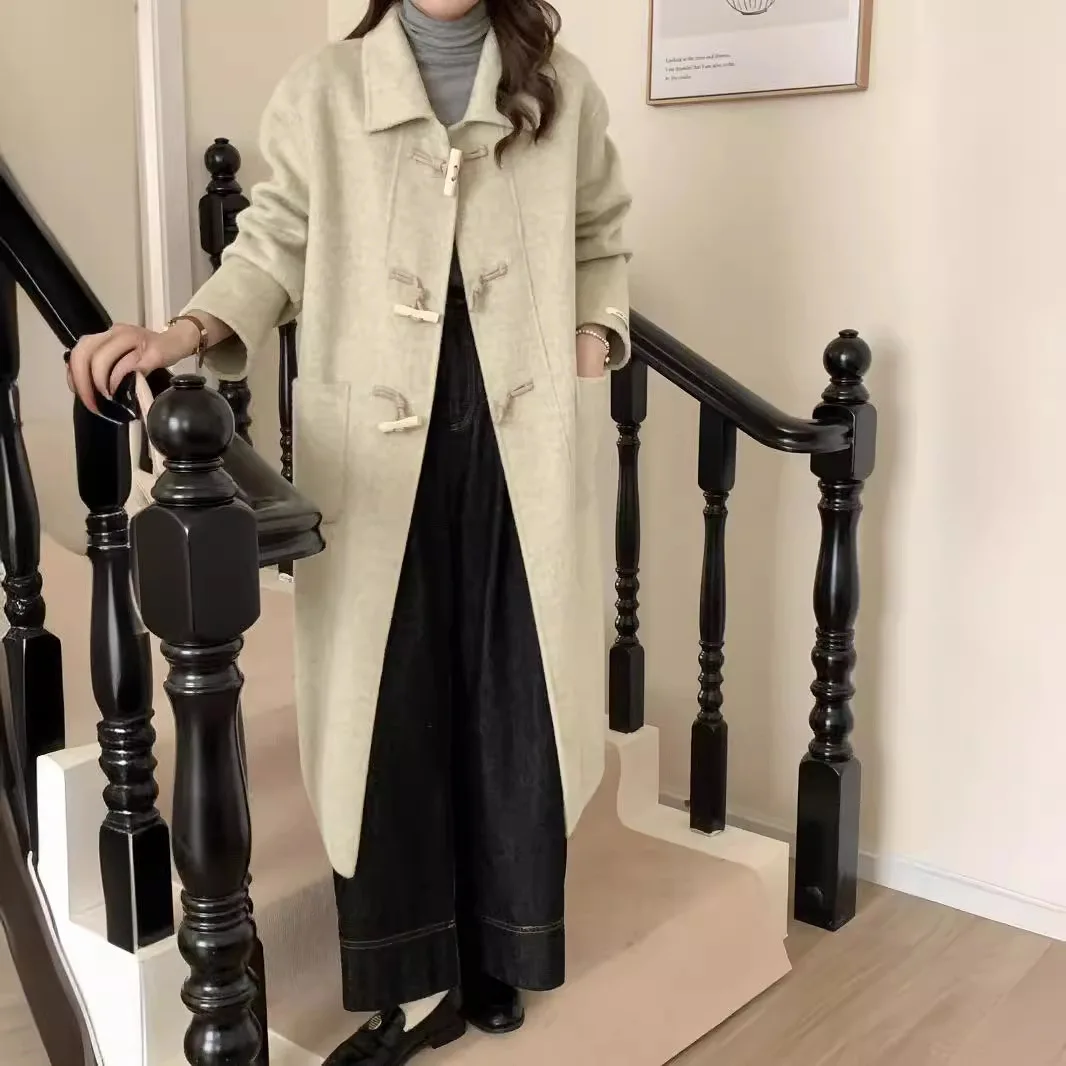 Double-sided wool coat women's horn buckle loose Korean woolen coat 2024 autumn and winter new factory anti-season coat