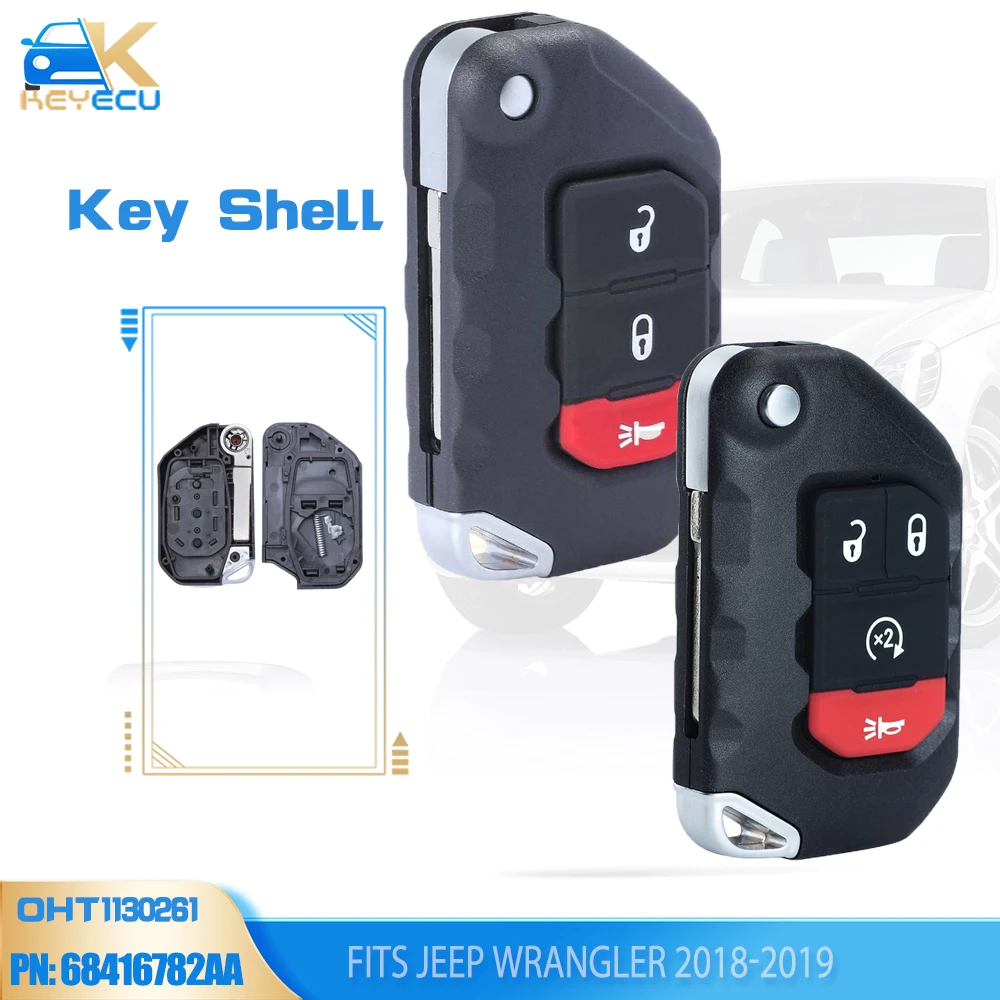 KEYECU Flip Remote Key Shell 4 Button Fob for 2018 2019 Jeep Wrangler P/N: 68292944AA OHT1130261