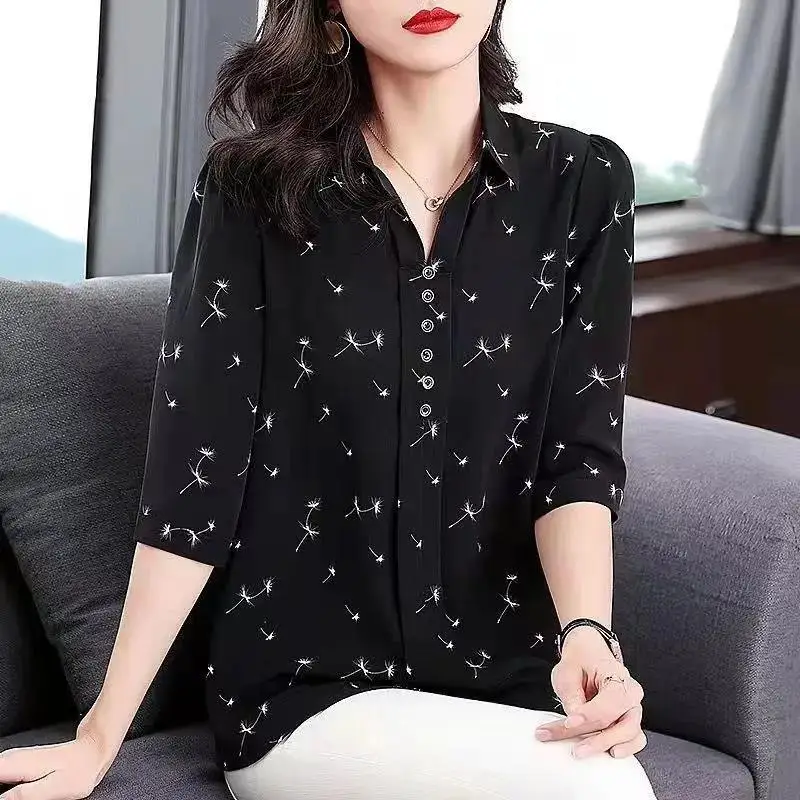 Turn-down Collar Loose Simplicity Button Printing Straight Elegant T-Shirts Thin Summer Three Quarter Sleeve Women's Clothing