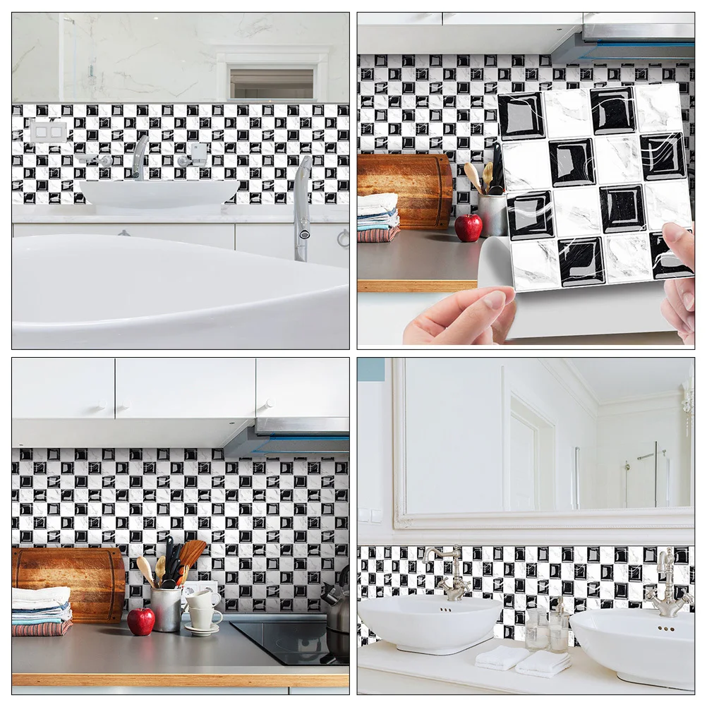 10pcs Self Adhesive Tile Stickers Removable Waterproof Wall Decals Peel Stick Floor Tile Sticker For Home Decor Black White