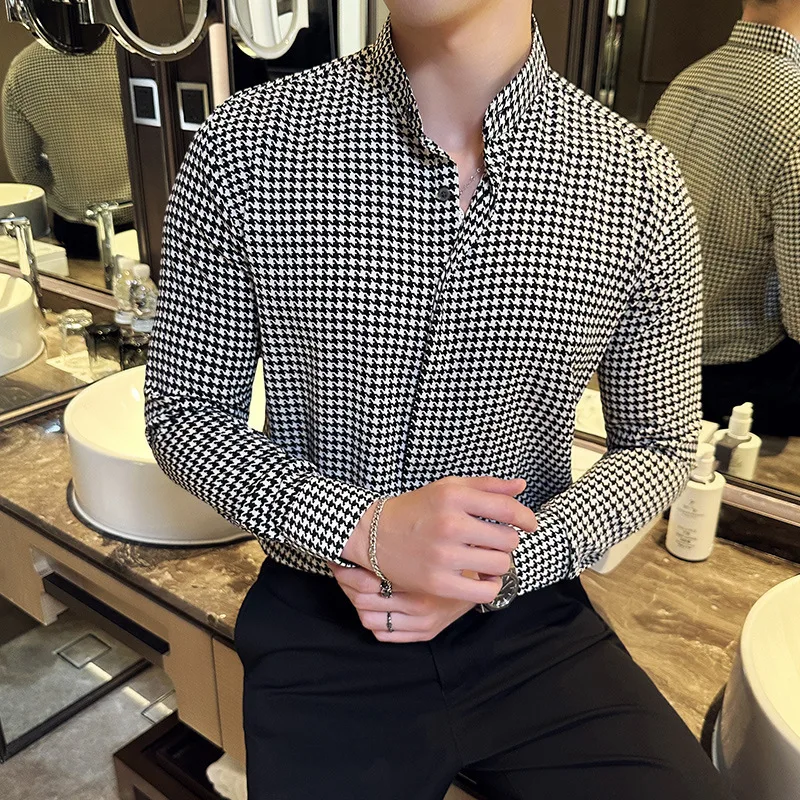 Camisa a cuadros de cuello alto para hombre, camisa informal ajustada de manga larga, de alta calidad, Formal, Social y de negocios, 2023