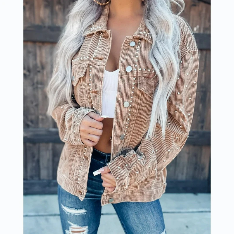 

Autumn/Winter New Style Fashionable American Retro Single-breasted Riveted Heavy Industry Casual Fashion Corduroy Short Jacket