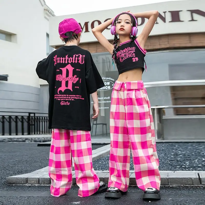 Hip Hop Mädchen Ernte Top Plaid Hosen Jungen lose T-Shirt Street Dance Kind Streetwear Teen süße Kleidung setzt Kinder Jazz Kostüme