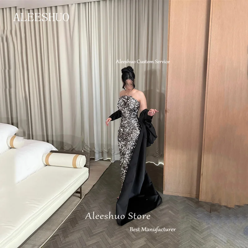 Moderne Meerjungfrau-Pailletten-Abschlussballkleider, plissiert, trägerlos, halbe Ärmel, langer Zug, Party, formelles Abendkleid, sexy, rückenfrei, individuell