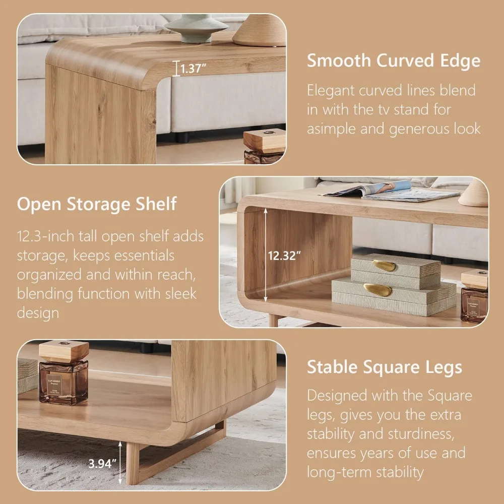 48 Современный журнальный столик, 2-уровневый минималистичный центральный стол с полкой для хранения, дизайн изогнутого профиля, деревянная прямоугольная гостиная