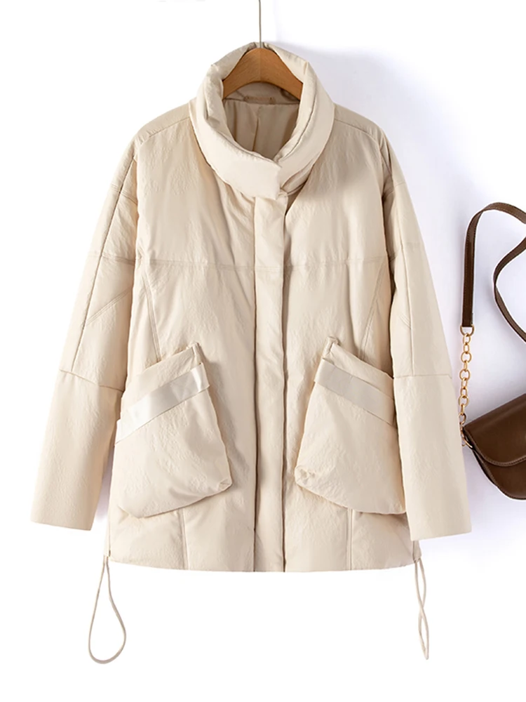   เสื้อโค้ทหนังแท้ Ning สำหรับผู้หญิง ฤดูหนาว หนังแกะ ความยาวปานกลาง สีขาว ขนเป็ด ไซส์ใหญ่ ทรงหลวม