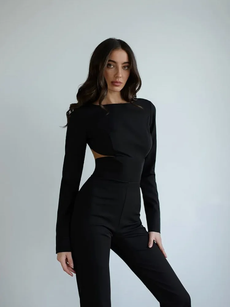 Ahagaga ハイエンド レディース ジャンプスーツ ソリッド O ネック レギュラー 長袖 バックレス スキニー カジュアル オフィス トレンド 女性 ロンパース ジッパー