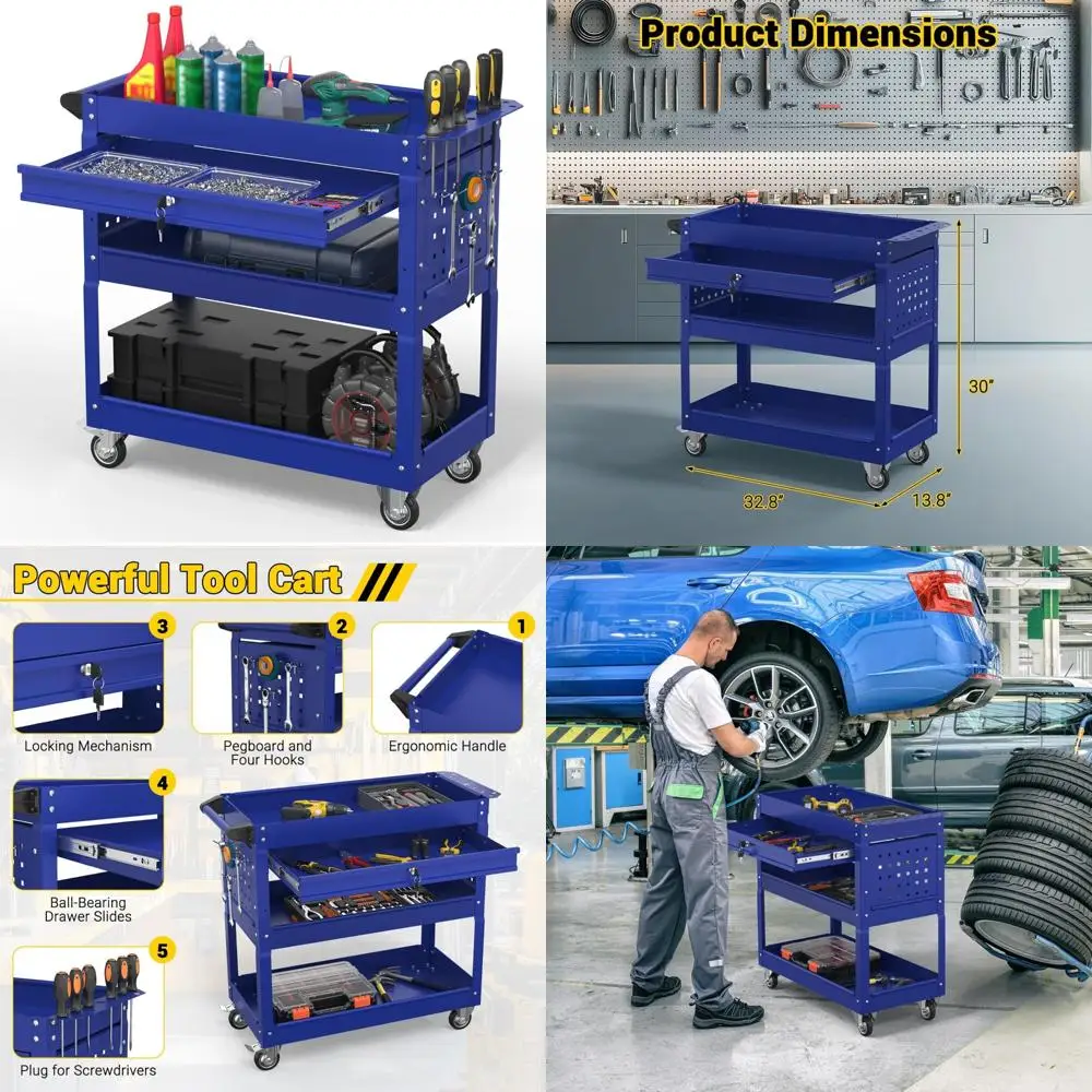 Carro de herramientas con ruedas de 3 niveles de alta resistencia con capacidad de 550 libras, cajones, tablero perforado y ganchos para uso mecánico y de utilidad