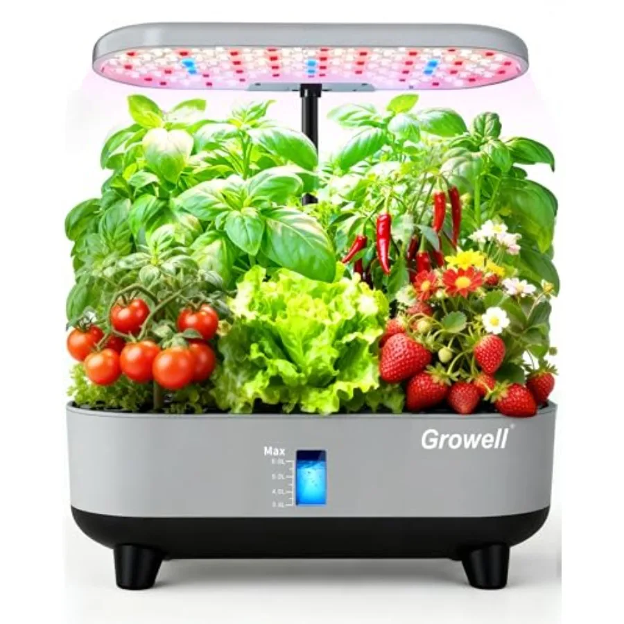 Hydroponics Growing System Kit for indoor herb vegetable fruit gardening, gray ABS plastic, vertical 16-pod design with 8L capa