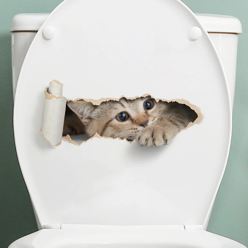 Torn Peeping Kitten Toilet Sticker 3D Effect Bathroom Toilet Seat Waterproof Sticker Self-Adhesive