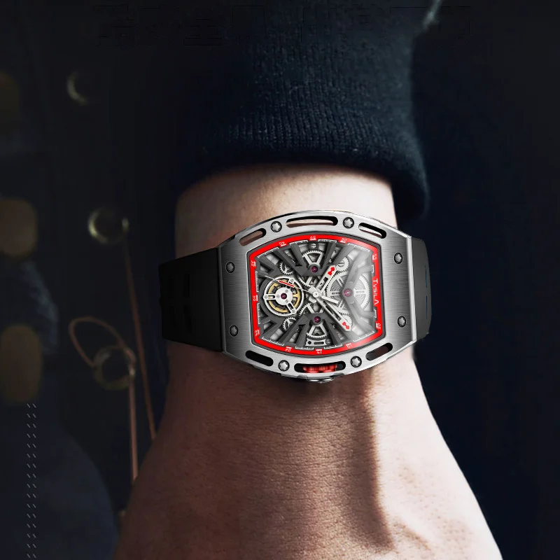 TVSILA Original Miyota Men's Automatic Mechanical Watch Stainless Steel Case Silicone Band Skeleton Waterproof Sport Wristwatch
