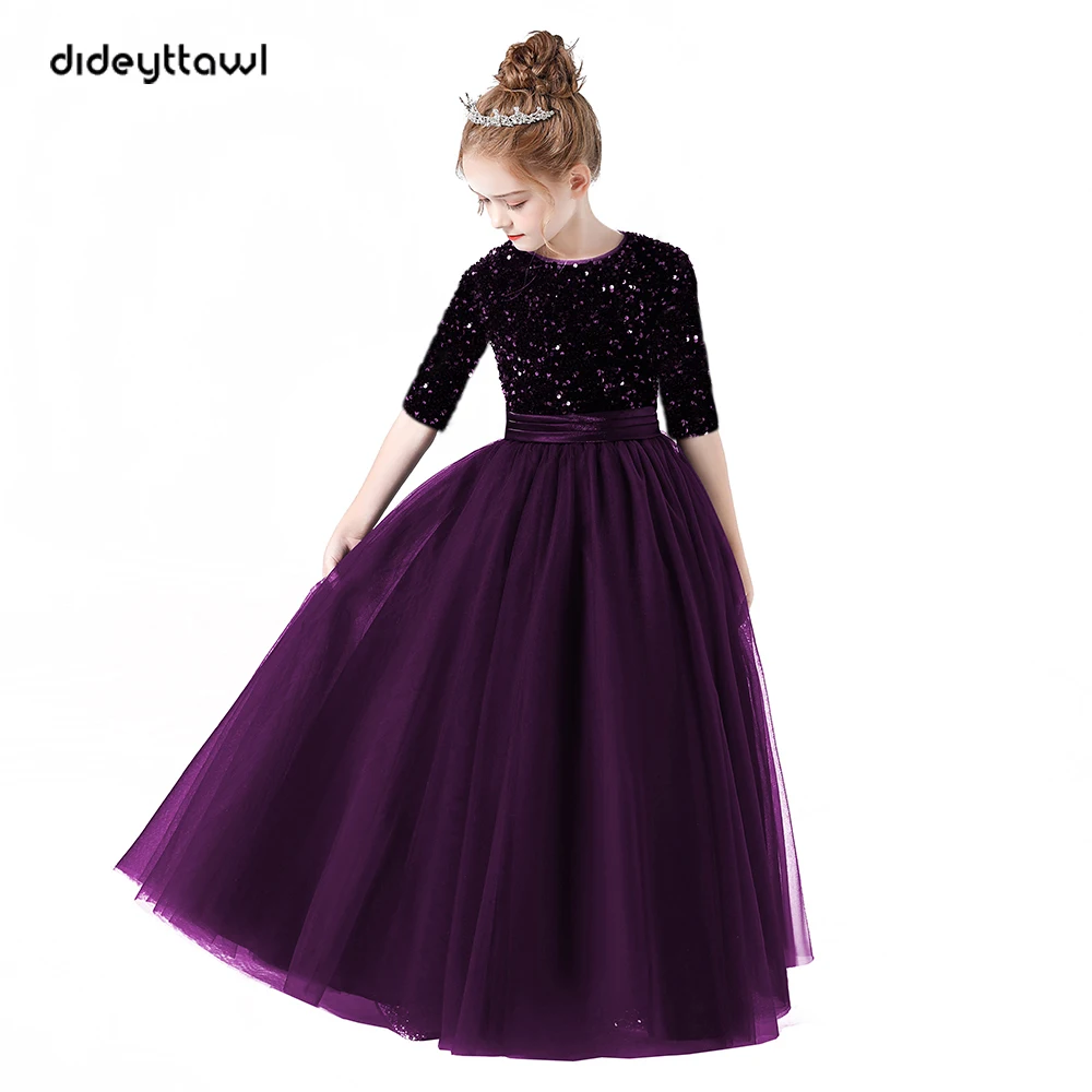 Dideyttawl Half Sleeves Flower Girl Dresses Bridesmaid Sequins Tulle Puffy Skirt Girls Birthday Party Pageant Gown