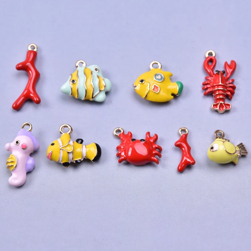 3pcs/9pcs/lot Marine Animal Coral Tree Pendants Charms Seahorse Tropical Clown Fish Lobster Crab Pendant Jewelry Making Findings