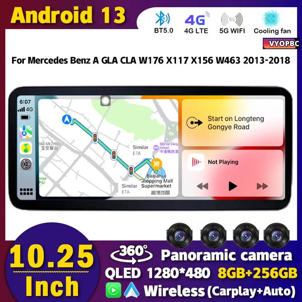 

Автомагнитола на Android 13, мультимедийный плеер 10,25 дюйма для Mercedes Benz A GLA CLA W176 X117 X156 W463 2013-2018, навигация Carplay DSP