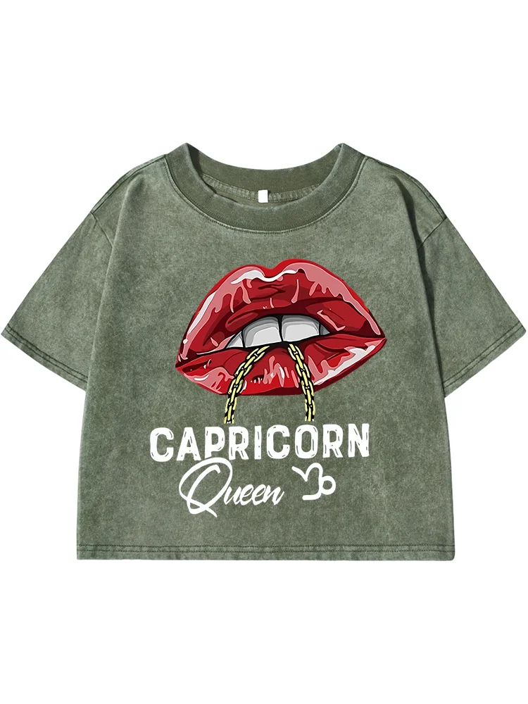 Sexy Lips Holding Things In Their Mouthsprint Women Washed Shrot Clothes Fashion Tshirts Midriff-Baring Top Cool Summer T Shirts