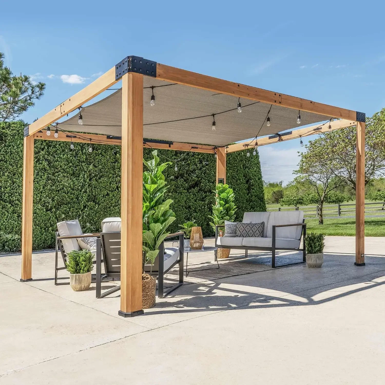 Brendan 12' x 10' Modern Cedar Wood Pergola Kit with Heavy-Duty Sun Shade Sail Screen Canopy, PowerPort, High-Wind Rating for Ou