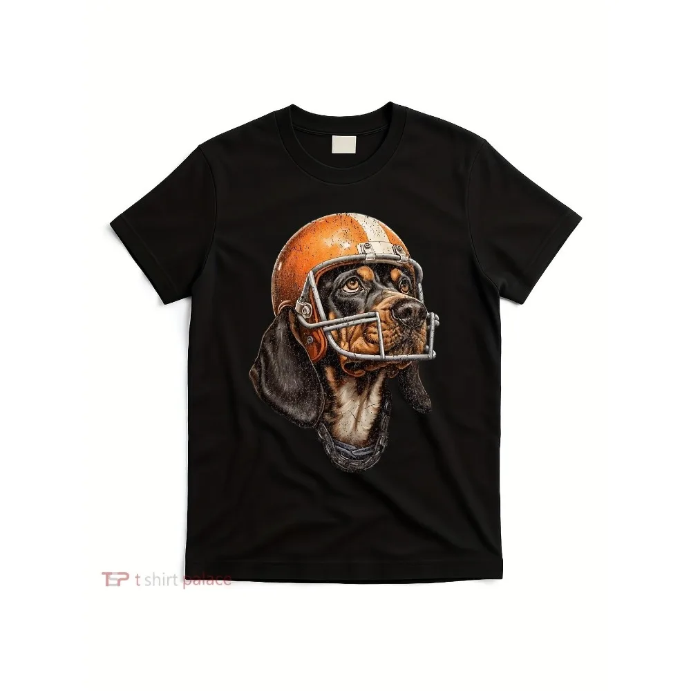 Tennessee Coonhound Dog T-Shirt - Retro Tennessee Tri-Stars & Houndstooth Helmet Design, Black with Orange/White Coonhound Print, Casual & Hunting Apparel for Hound Breed Lovers, Machine Washable All-Season Tee