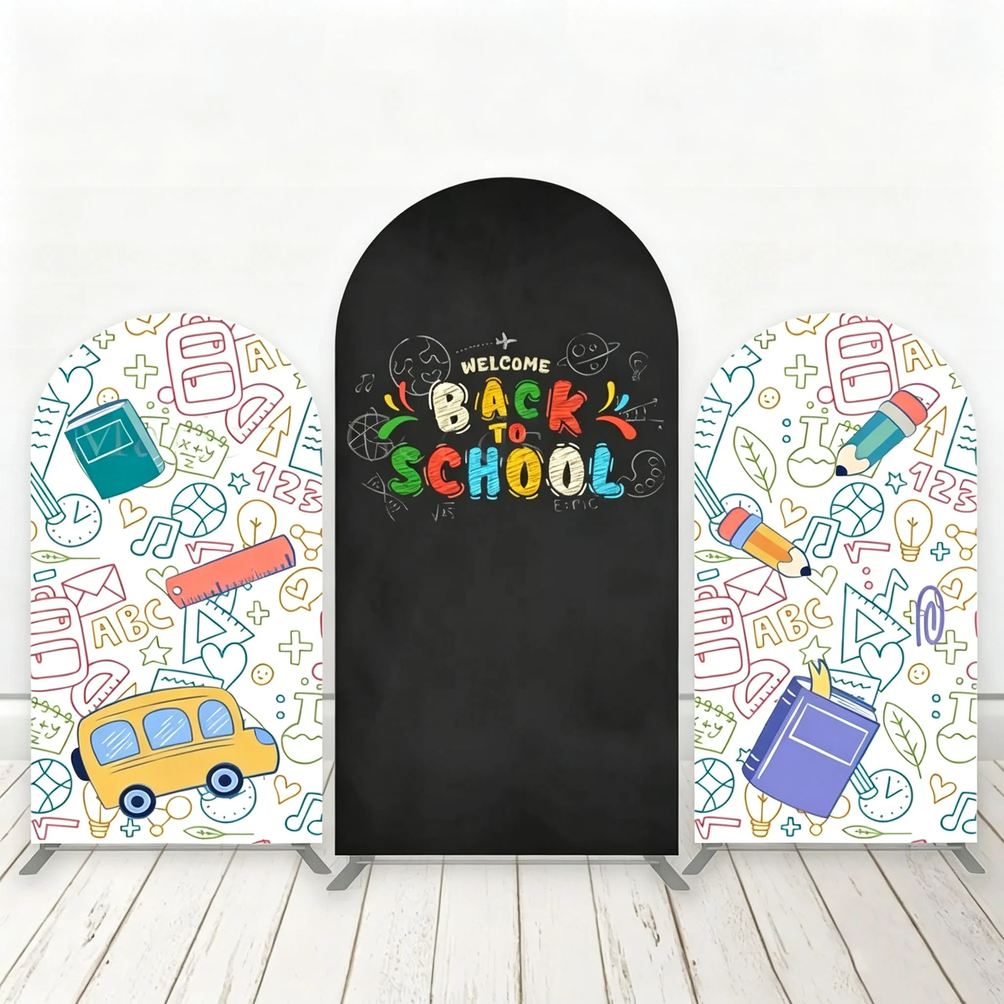 Custom Double-Sided Welcome Back To School Arch Backdrop Cover Crayon Ruler Diy Name Age Birthday Party Photobooth Background