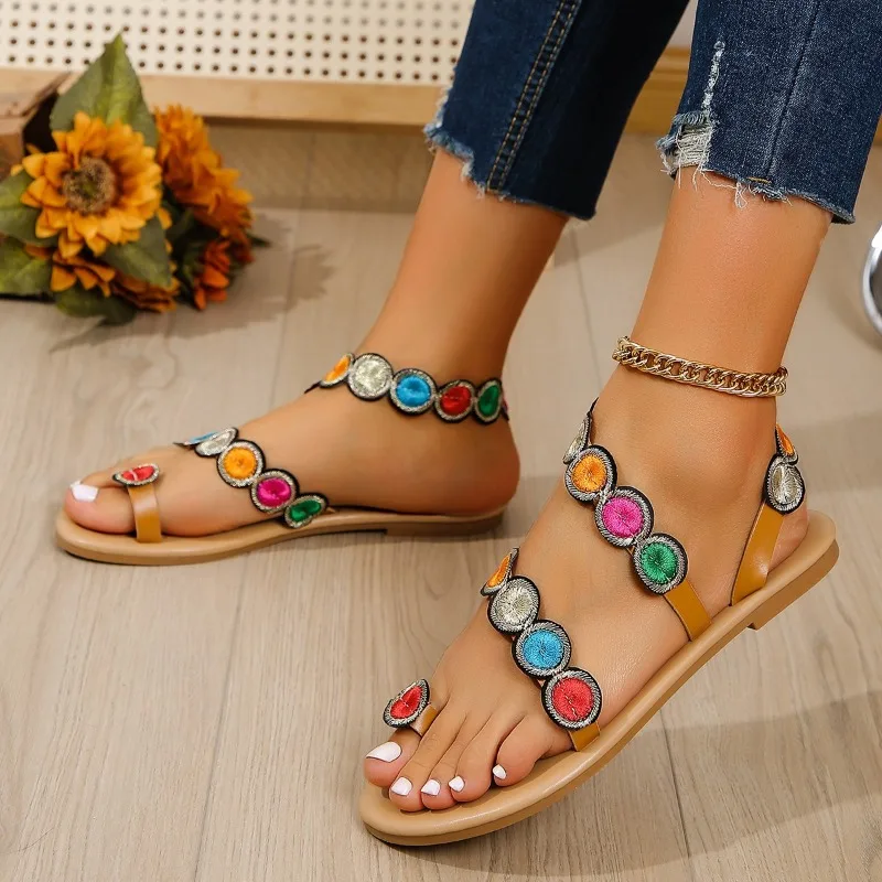 Women\'s Sandals Summer New Flat Round Head Set Toe Innovation Sandals Casual Fashion Lightweight Soft Soled Sandals