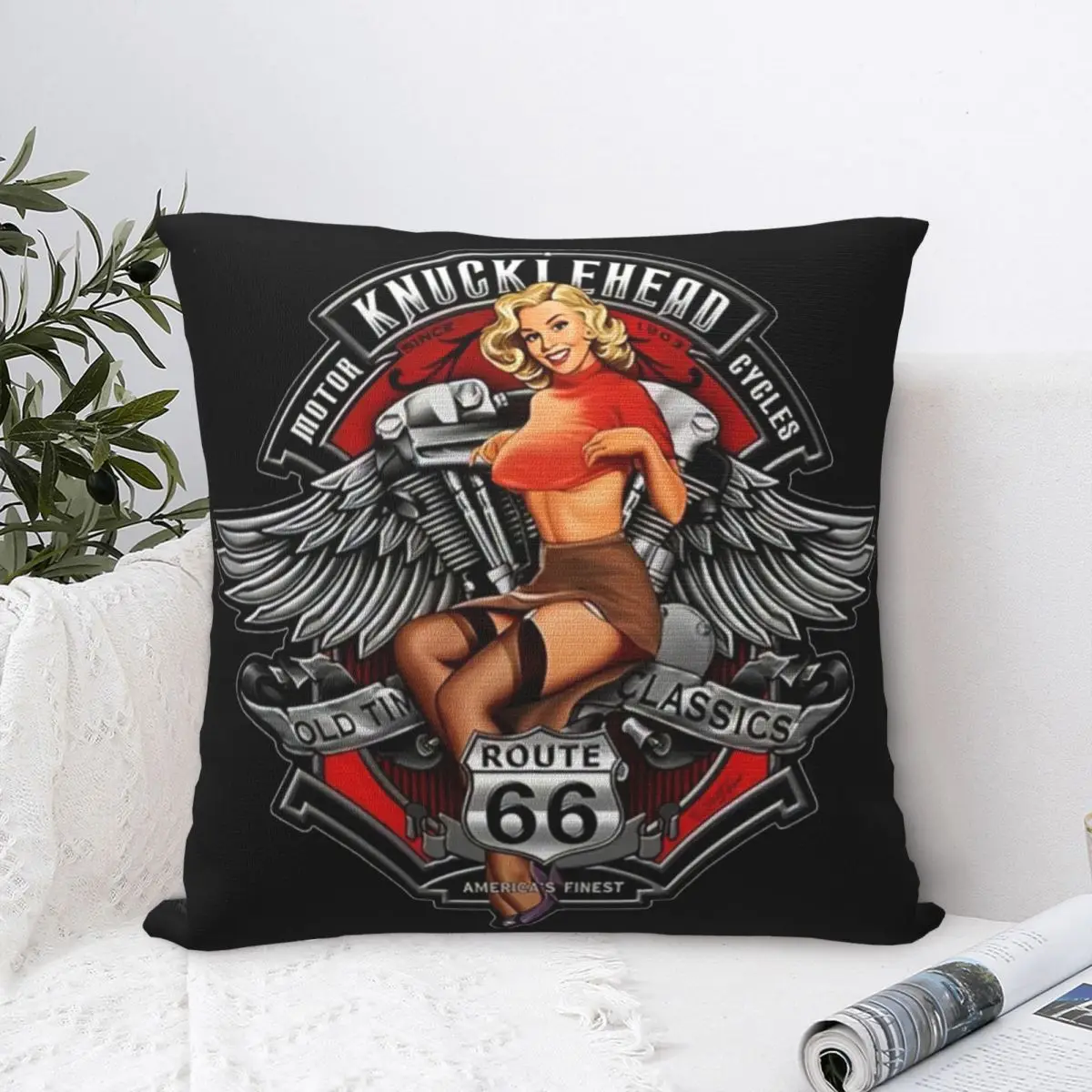 Route 66 Rockabilly Vintage Square Pillow Cases American Road Sign Retro Motorcycle Cushion Covers Pillowcase for Living Room