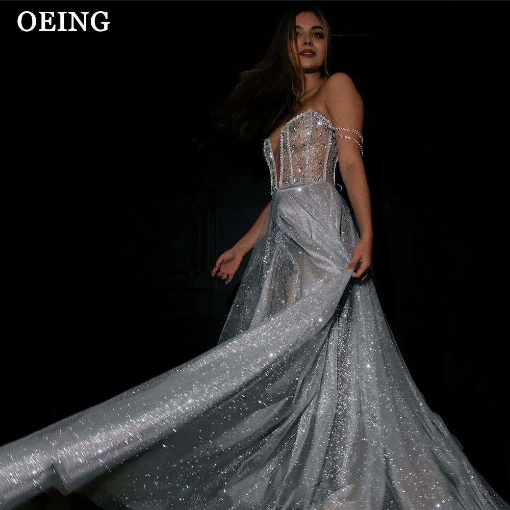 

OEING Sparkly A Line Prom Dresses Glitter Spaghetti Strap Beads Tiered Floor Length Evening Gowns Wedding Party Dress Event