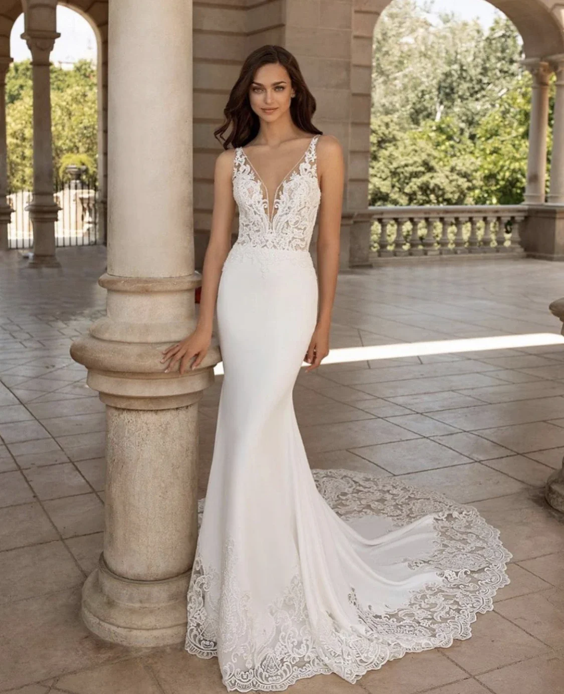 

Flavinke Illusion Back Mermaid Wedding Dresses V Neck White Sleeveless Lace Applique Bride Bridal Gown For Women Long Train