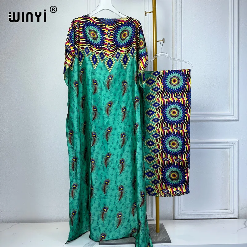 WINYI original african party dresses woman elegant with belt summer free size kaftan print silk feeling abaya dubai luxury 2024