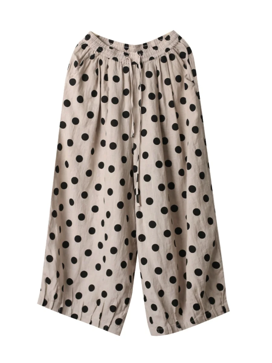 Cotton Linen Casual Long Pants Women's Loose Wide Leg Pants Polka Dot Print Spring Summer New Sle Comfortable Artistic Trou...