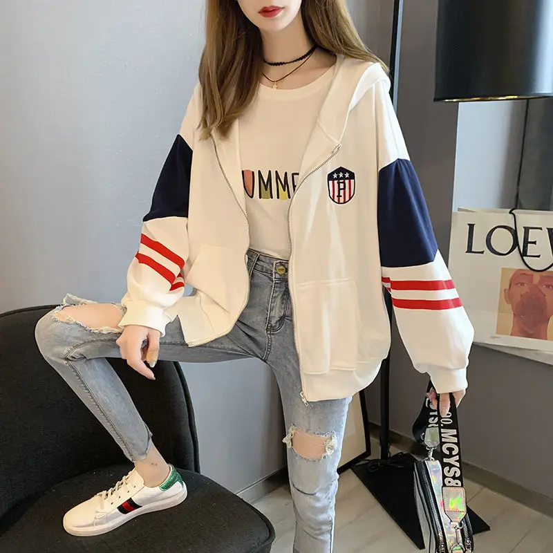 Women Clothing Casual Streetwear Harajuku Y2K Zipper Hooded Sweatshirts Contrast Color Striped Long Sleeve Pockets Hoodie Jacket